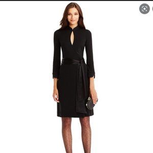 DVF Black China Short Wool & Satin Wrap Dress